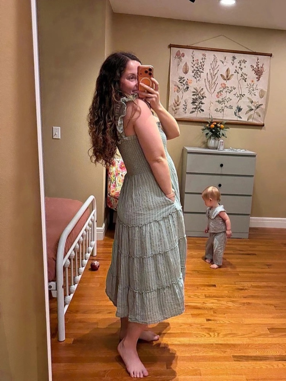 Hill House Home The Ellie Nap Dress Tiered Midi Dress in Light Green Size Large - Picture 4 of 14